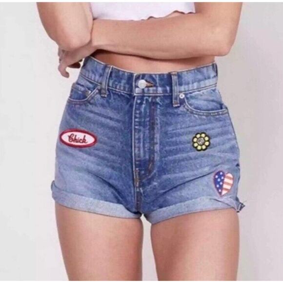 Revice Denim Patch Work High Rise Jean Shorts Stone Washed Blue - Picture 1 of 7